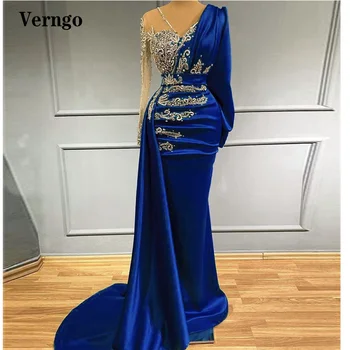 Verngo Royal Blue Satin Beads Gaun Malam Lengan Panjang Dengan Leher V Kereta yang Dapat Dilepas Gaun Prom Formal Mewah Wanita Dubai