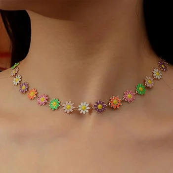 Vintage Bunga Matahari Daisy Kalung untuk Wanita Multicolor Klavikula Rantai Kalung Pesta Pernikahan Bohemian Leher Rantai Perhiasan