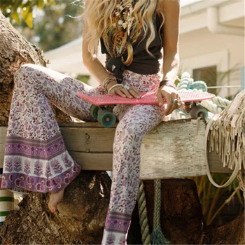 Wanita Floral Hippie Pinggang Tinggi Lebar Kaki Panjang Berkobar Kasual Bell Bottom Celana Baru Floral Print Flare Celana