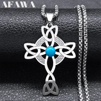 Wicca Celtic Simpul Salib Kalung untuk Wanita Pria Warna Perak Stainless Steel Batu Penyihir Simpul Kalung Perhiasan Collares N8061S02