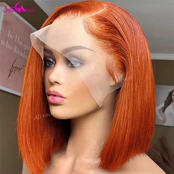 Wig Bob Lurus Oranye Jahe Wig Rambut Manusia Depan Renda Untuk Wanita Kulit Hitam Rambut Manusia Brasil Wig Depan Renda Lurus Tulang Rambut Brasil