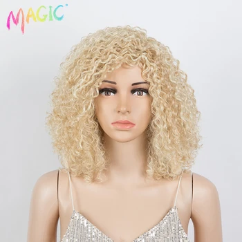 Wig Rambut Keriting Keriting Afro Ajaib 14 Inci Bob Alami Rambut Kepadatan Tinggi Wig Tahan Panas Pirang Ombre Sintetis untuk Wanita