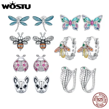 WOSTU 100% 925 Sterling Silver Hewan Lebah Laut Flamingo Unicorn Opal Anting-Anting Pejantan untuk Wanita Pernikahan Fashion Perhiasan Ulang Tahun