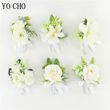 YO CHO Boutonniere Pengiring Pria Pernikahan Sutra Mawar Putih Bridesmaid Pergelangan Tangan Gelang Bunga Lubang Kancing Pernikahan Aksesoris