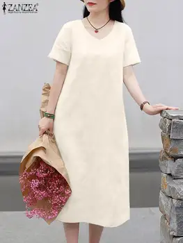 Zanzea Gaun Wanita Warna Solid Musim Panas Vestidos Lengan Pendek Leher-O Jubah Kasual Wanita Musim Panas Gaun Bersabuk Ujung Terbelah 2023