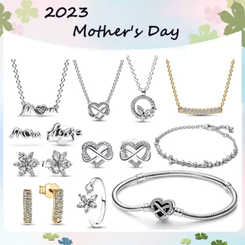2023 Hari Ibu Baru 100% 925 Perak Kualitas Tinggi Logo Asli 1: 1 Set Hadiah Perhiasan Kalung Anting Ibu Cinta Tanpa Batas Berkilau