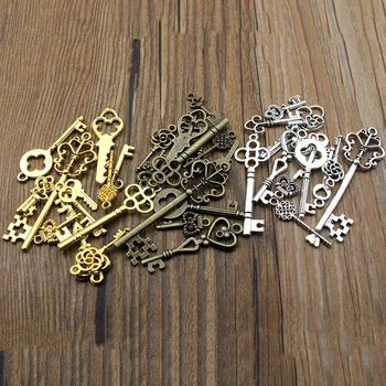 26 buah / lot Pesona Kunci Campuran Logam Emas Perak Antik untuk Pembuatan Perhiasan Temuan Perhiasan Liontin Pesona Buatan Tangan DIY