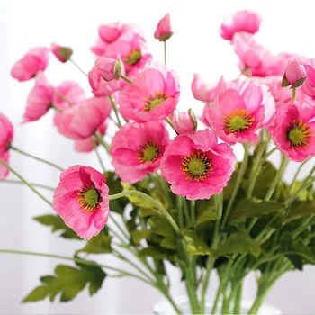4 Kepala / Cabang Bunga Poppy dengan Daun Bunga Buatan Fleurs Artificielles untuk Dekorasi Pesta Rumah Bunga Poppy Flores