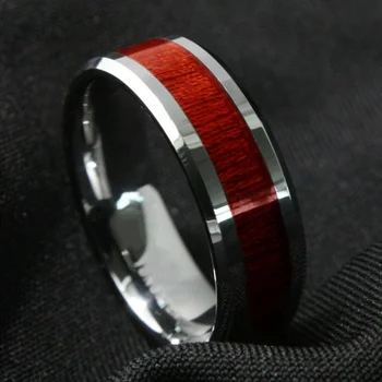 8mm Cincin Pria Cincin Baja Tahan Karat Kayu Merah Cincin Pernikahan Klasik Sederhana untuk Hadiah Natal Ulang Tahun Perhiasan Pria
