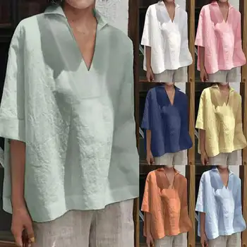 Atasan Kasual Katun Linen Kaus Musim Panas Pakaian Wanita Pakaian Fashion Elegan Kaus Leher V Streetwear untuk Wanita Bastet