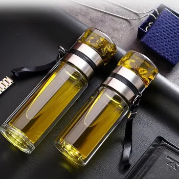 Botol Air Teh Kaca Borosilikat Tinggi Lapisan Ganda Cangkir Air Teh Infuser Tumbler Botol Air Minum dengan Filter Teh