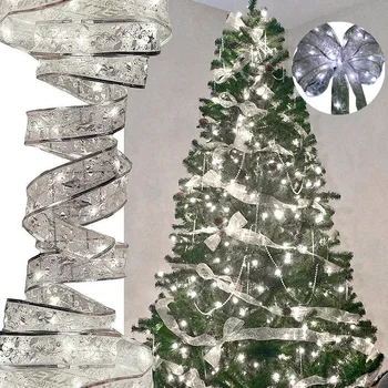 Dekorasi Natal Hiasan Pohon Natal Pita Natal Tahun Baru 2022 dengan Lampu LED untuk Dekorasi Pernikahan Hadiah Navidad Rumah