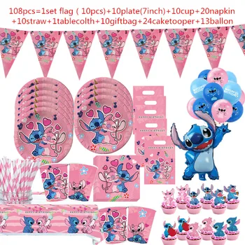 Disney Pink Lilo dan Stitch Set Peralatan Makan Sekali Pakai Piring Kertas Kartun Taplak Meja Serbet Perlengkapan Pesta Anak Perempuan untuk 10-20 Orang