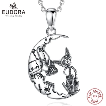 Eudora 925 Sterling Silver Kalung Kucing Bulan Tengkorak untuk Pria Wanita Liontin Kucing Tengkorak Antik Pasangan Hadiah Perhiasan Halloween
