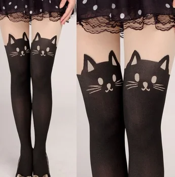 Fashion Wanita Di Atas Lutut Celana Ketat Totoro Kartun Celana Ketat Palsu Tinggi Kaus Kaki Tipis Sutra Dicetak Kucing Pantyhose Panjang Seksi Kaus Kaki