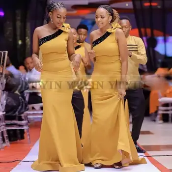 Gaun Pengiring Pengantin Kuning Emas Satu Bahu dengan Payet Gemerlapan Hitam Gaun Tamu Pernikahan Panjang Putri Duyung Wanita Afrika Gaun Pesta
