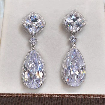 Huitan Trendi Mewah AAA Cubic Zirconia Crystal Drop Earrings untuk Wanita Kualitas Tinggi Warna Perak Perhiasan Anting Pernikahan Pengantin