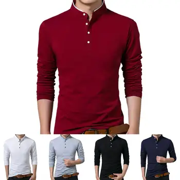 Kaus Dasar Kerah Berdiri Lengan Panjang Warna Solid Pria Musim Gugur Kaus Kancing Sweatshirt