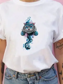 Kaus Disney Wanita Alice in Wonderland Kaus Produk Baru Populer Musim Panas Kaus Kasual Kucing Cheshire All-Match Estetika Wanita