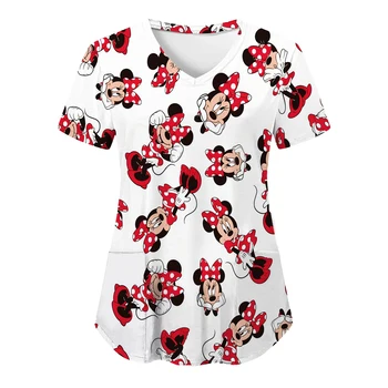 Kaus Seragam Perawat Kaus Saku Pakaian Wanita Kaus Minnie Mouse Atasan Leher V Atasan Rumah Sakit Mickey Kaus Musim Panas Wanita 2023