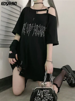 Kosahiki Y2k Kaus Punk Bahu Terbuka Motif Huruf Perempuan Kaus Gothic Hitam Jalanan Kasual Wanita Estetika Streetwear Harajuku