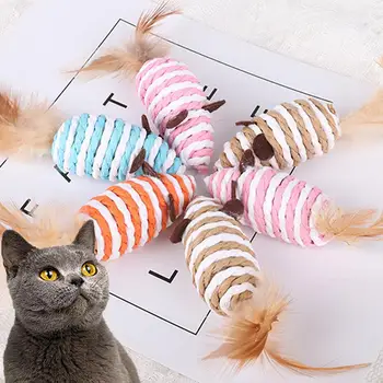 Mouse Palsu dengan Mainan Kucing Ekor Bulu Dibangun Di Kerikil Perlengkapan Hewan Peliharaan Multi-warna Mainan Bermain Lucu Mini Kucing Interaktif Anak Kucing