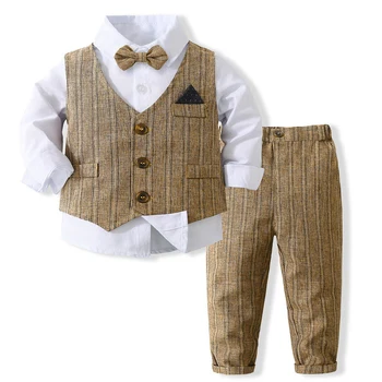 Musim Semi & Musim Gugur Bayi Laki-laki Pria Setelan Kemeja dengan Dasi Kupu-kupu + Rompi Bergaris+Celana Panjang 3 Buah Set Pakaian Formal Anak-anak