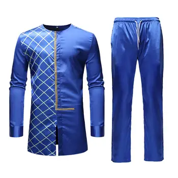 Pakaian Afrika Biru Tua Pria 2023 Set Celana Atasan Motif Dashiki Afrika Tradisional 2 Buah Set Pakaian Pakaian Afrika Kasual
