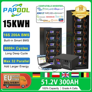 Paket Baterai LiFePO4 48V 300Ah 15Kwh Siklus 6000 16S BMS RS485 / Kontrol PC CAN 51.2 V 200Ah 100Ah Mati/Hidup Baterai Penyimpanan Tenaga Surya Di Jaringan