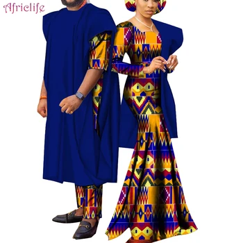 Pasangan Yang Cocok dengan Pakaian Afrika T-shirt Pria Pernikahan Setelan Celana dengan Jubah dan Gaun Wanita dengan Jilbab Gaun Bermotif Hadiah WYQ863