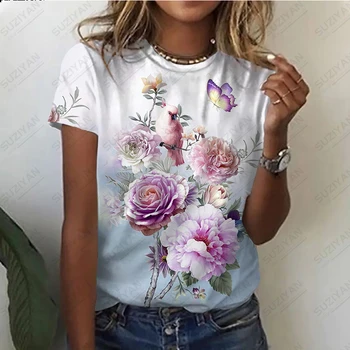 Penjualan Panas Musim Panas Wanita 2023 Mode Baru Bunga Berwarna-warni 3D Dicetak T-shirt Lengan Pendek Leher Bulat Atasan Gaya Komuter Kasual
