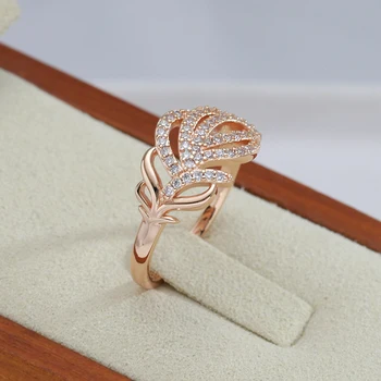 Perhiasan Cincin Fashion Zirkon Penuh Mewah 585 Tekstur Daun Warna Emas Mawar Cincin Jari Wanita Aksesori Elegan Pesta Pernikahan