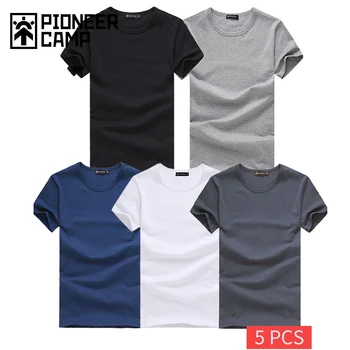 Pioneer Camp 5 Buah Kaus Sederhana Pria Kaus Katun 100% Solid Kaus Pria Baru Kaus Pria Lengan Pendek Kasual Harian Sederhana