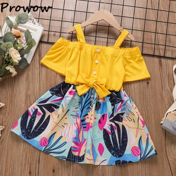 Prowow 2-6Y Gaun Anak Perempuan Gaun Off Shoulder untuk Anak Perempuan Pakaian Anak-anak Gaun Pakaian Pantai Bermotif Daun Tropis Musim Panas Bayi
