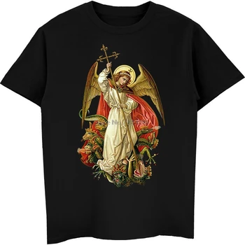 Saint Michael Menghancurkan Iblis Kaus Kristen Katolik Kaus Lengan Pendek Katun Pria Kaus Hip Hop Atasan Harajuku Streetwear