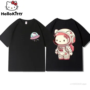 Sanrio Hello Kitty Kaus Lengan Pendek Katun Baru Kaus Longgar Mode Gaya Amerika Pria Wanita Atasan Musim Panas Pasangan Y2k Atasan Musim Panas Pasangan