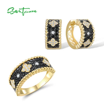 SANTUZZA 925 Set Perhiasan Perak untuk Wanita Set Cincin Anting-Anting CZ Hitam Berkilau Set Cincin Pesta Gaya Antik Perhiasan Bagus