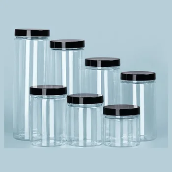 Sealing Jar Plastik Transparan Dengan Tutup Hitam Botol Penyimpanan Ember Penyimpanan Mulut Lebar Kemasan Makanan Sealing Jar