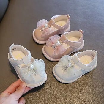 Sepatu Kulit Anak Perempuan untuk Pesta Perjamuan 2023 Musim Semi Anak-anak Mary Jane Sepatu Bayi Putri Pita Renda Mutiara Manis Chaussure Enfant Fille