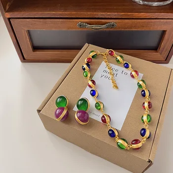 Set Kalung Anting-Anting Bola Mode Retro Perhiasan Wanita Batu Berwarna Atasan Alami S925 Anting-Anting Jarum Perak Hipoalergenik Z636