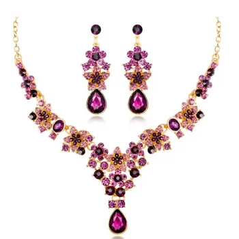 Set Perhiasan Pengantin Berlian Imitasi Bintang Kristal Ungu Mewah untuk Wanita Anting Kalung Pengantin Set Perhiasan Pernikahan Mode