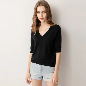 Sweter Wanita Musim Panas dan Musim Gugur Baru 2023 Kaus Lengan Pendek Fashion Wanita Ramping Kaus Leher V Hitam Putih Hitam