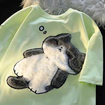 T-shirt Bordir Mewah Kucing Sapi Menguap Lucu Mahasiswa Kepribadian Keren Manis Kaus Kawaii Atasan Serbaguna Baru Musim Panas Wanita