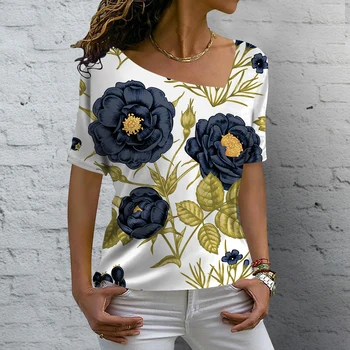 T-shirt Fashion Leher V Baru 2023 Kaus Dasar Kasual Wanita Lengan Pendek Motif Bunga Musim Panas Atasan Elegan Vintage Wanita