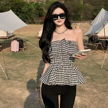 Tank Wanita Kotak-kotak Seksi Musim Panas Ramping All-Match Desain Retro Chic Fashion Wanita Atasan Crop Elegan Korea Baru Liburan Backless Sederhana