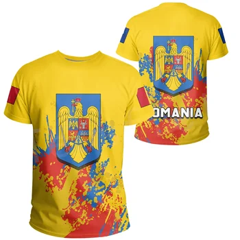 Tessffel Romania Eropa Simbol Bendera Negara Cetak 3d Warna-warni Streetwear Musim Panas Kaus Lengan Pendek Uniseks Kasual Pria / Wanita A1