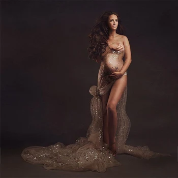 Tulle Bronzing Seksi Bersalin Fotografi Gaun untuk Baby Shower Kehamilan Maxi Gaun Panjang Wanita Hamil Bungkus Foto Menembak Prop
